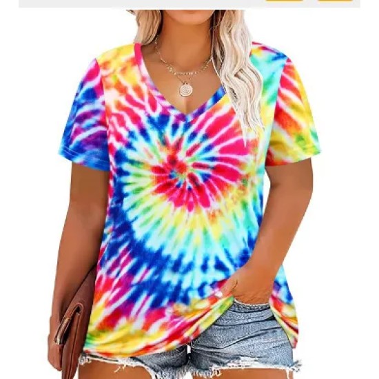 Women Casual Plus Size Printed V-Neck Short-Sleeve T-Shirt