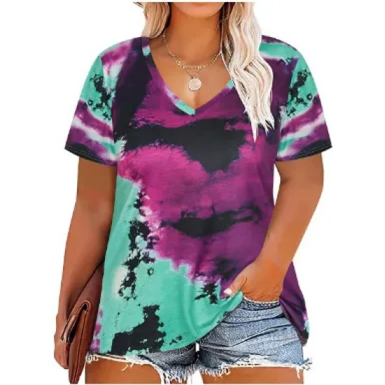 Women Casual Plus Size Printed V-Neck Short-Sleeve T-Shirt