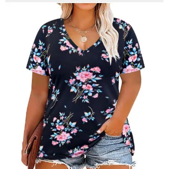 Women Casual Plus Size Printed V-Neck Short-Sleeve T-Shirt