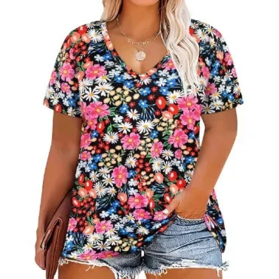 Women Casual Plus Size Printed V-Neck Short-Sleeve T-Shirt