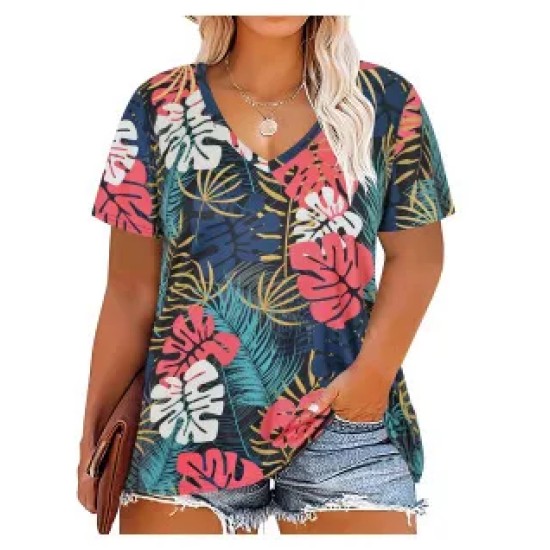 Women Casual Plus Size Printed V-Neck Short-Sleeve T-Shirt