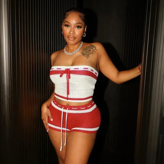 Women Fashion Sexy Contrast Color Stripe Knitted Tube Top Tight Shorts Two-Piece Set