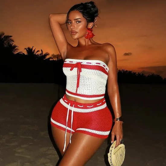 Women Fashion Sexy Contrast Color Stripe Knitted Tube Top Tight Shorts Two-Piece Set