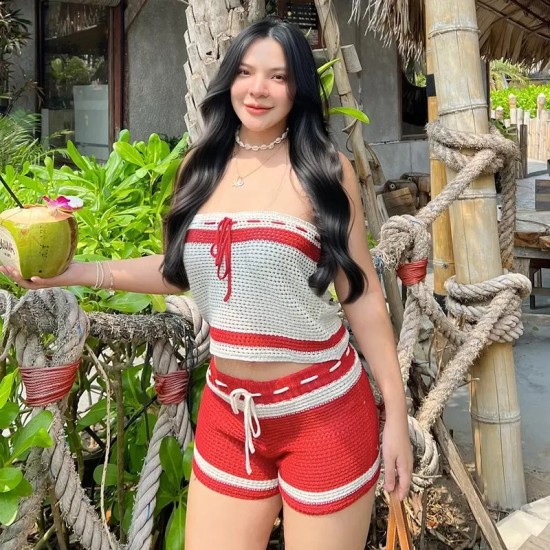 Women Fashion Sexy Contrast Color Stripe Knitted Tube Top Tight Shorts Two-Piece Set