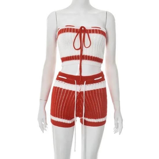 Women Fashion Sexy Contrast Color Stripe Knitted Tube Top Tight Shorts Two-Piece Set