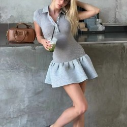 Women Fashion Sexy Splicing Solid Color Lapel Short-Sleeve Slim-Fit Dress