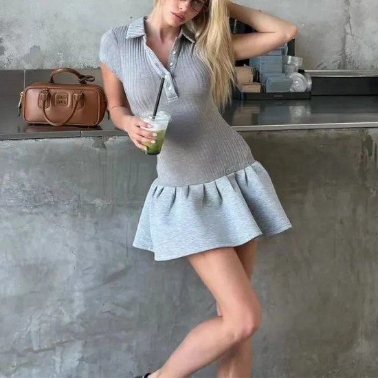 Women Fashion Sexy Splicing Solid Color Lapel Short-Sleeve Slim-Fit Dress