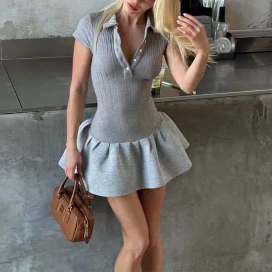 Women Fashion Sexy Splicing Solid Color Lapel Short-Sleeve Slim-Fit Dress