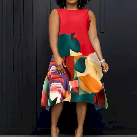 Women Fashion Casual Plus Size Printed Round Neck Sleeveless Loose Dress