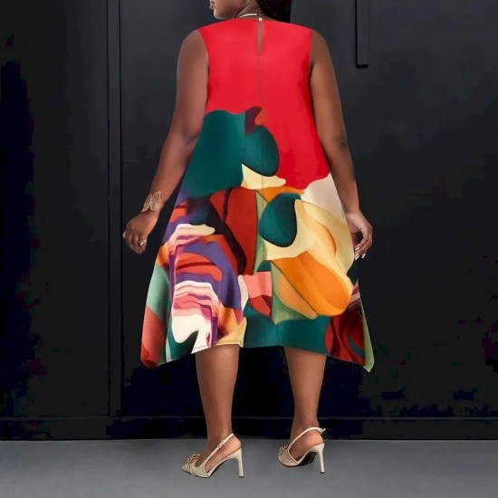 Women Fashion Casual Plus Size Printed Round Neck Sleeveless Loose Dress
