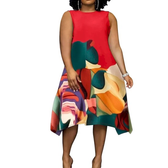 Women Fashion Casual Plus Size Printed Round Neck Sleeveless Loose Dress