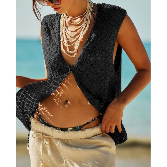 Women Fashion Casual Solid Color Knitted V-Neck Tank Top