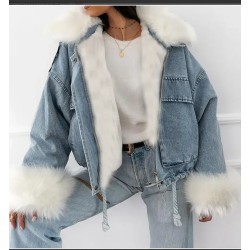 Women Winter Plush Collar Denim Jacket