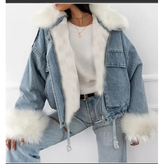 Women Winter Plush Collar Denim Jacket