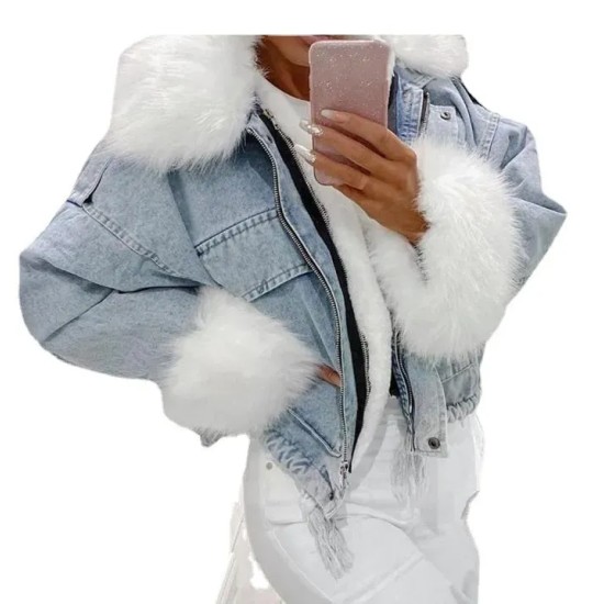 Women Winter Plush Collar Denim Jacket