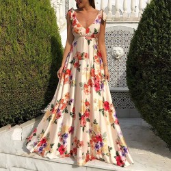 Women Fashion Elegant Floral Printed V-Neck Sleeveless Backless Loose Dress