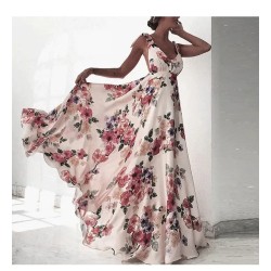Women Fashion Elegant Floral Printed V-Neck Sleeveless Backless Loose Dress