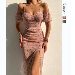 Spring And Summer Sexy Women Floral Printed Off-Shoulder Side-Slit Irregular Sling Dress