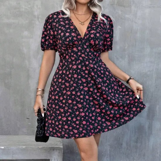 Women Fashion Casual Plus Size Floral Printed V-Neck Lantern Short-Sleeve Loose Dress