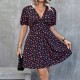 Women Fashion Casual Plus Size Floral Printed V-Neck Lantern Short-Sleeve Loose Dress