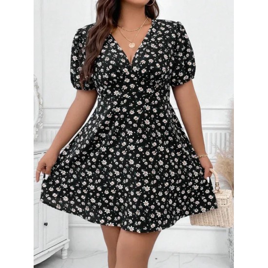 Women Fashion Casual Plus Size Floral Printed V-Neck Lantern Short-Sleeve Loose Dress