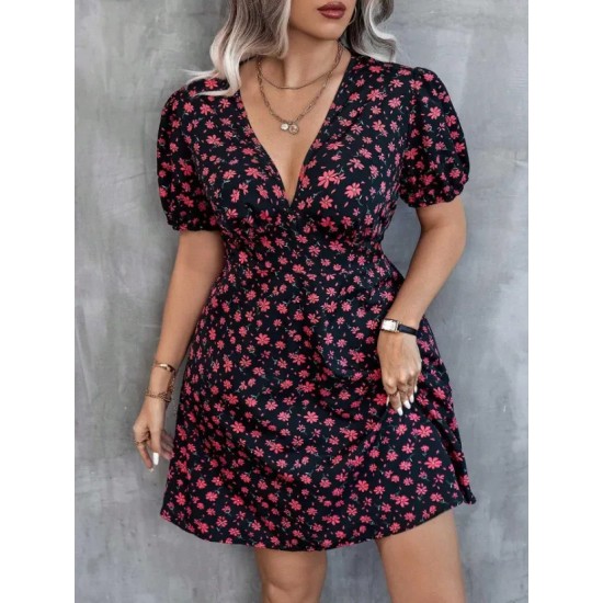 Women Fashion Casual Plus Size Floral Printed V-Neck Lantern Short-Sleeve Loose Dress