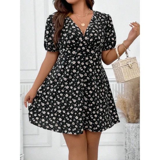 Women Fashion Casual Plus Size Floral Printed V-Neck Lantern Short-Sleeve Loose Dress