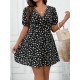 Women Fashion Casual Plus Size Floral Printed V-Neck Lantern Short-Sleeve Loose Dress