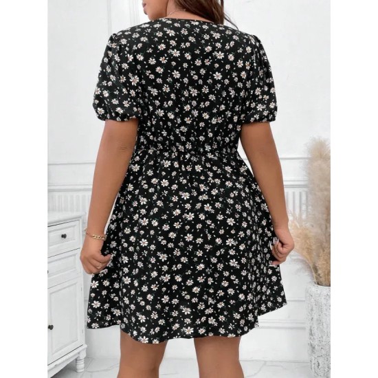 Women Fashion Casual Plus Size Floral Printed V-Neck Lantern Short-Sleeve Loose Dress