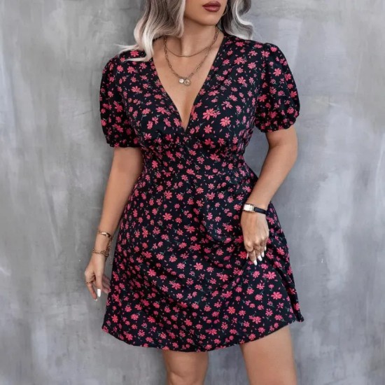 Women Fashion Casual Plus Size Floral Printed V-Neck Lantern Short-Sleeve Loose Dress