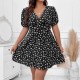 Women Fashion Casual Plus Size Floral Printed V-Neck Lantern Short-Sleeve Loose Dress