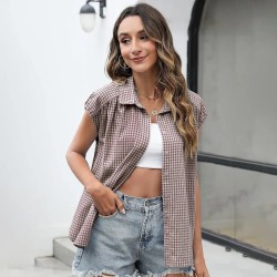 Women Fashion Casual Plaid Lapel Short-Sleeve Single Breasted Blouse