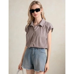 Women Fashion Casual Plaid Lapel Short-Sleeve Single Breasted Blouse