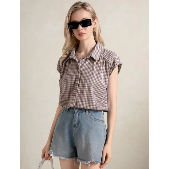 Women Fashion Casual Plaid Lapel Short-Sleeve Single Breasted Blouse
