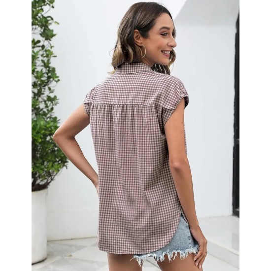 Women Fashion Casual Plaid Lapel Short-Sleeve Single Breasted Blouse