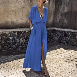 Women Fashion Casual Solid Color Deep V-Neck Short-Sleeve Loose Split Dress