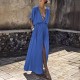 Women Fashion Casual Solid Color Deep V-Neck Short-Sleeve Loose Split Dress
