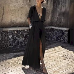 Women Fashion Casual Solid Color Deep V-Neck Short-Sleeve Loose Split Dress