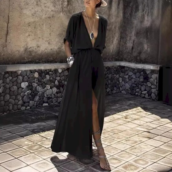 Women Fashion Casual Solid Color Deep V-Neck Short-Sleeve Loose Split Dress