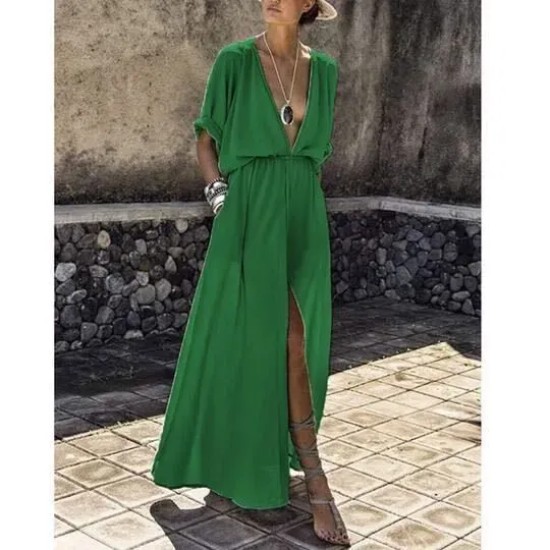 Women Fashion Casual Solid Color Deep V-Neck Short-Sleeve Loose Split Dress