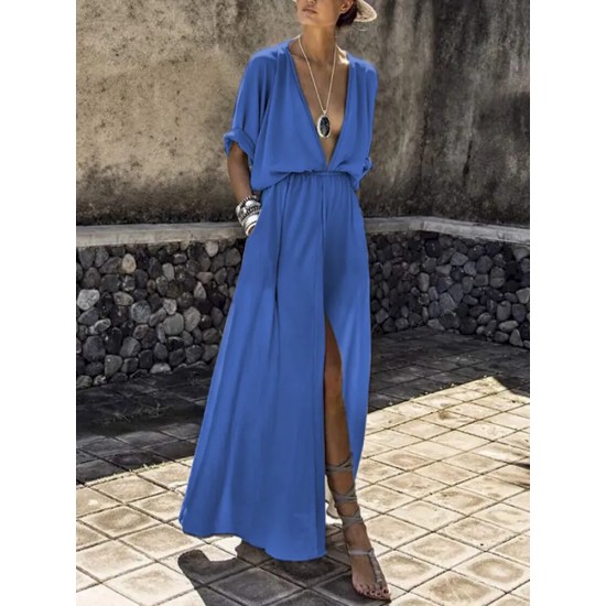 Women Fashion Casual Solid Color Deep V-Neck Short-Sleeve Loose Split Dress