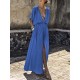 Women Fashion Casual Solid Color Deep V-Neck Short-Sleeve Loose Split Dress