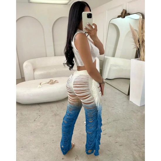 Women Fashion Sexy Contrast Color Hollow-Out Crop Top Tassel Pants Two-Piece Set