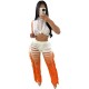 Women Fashion Sexy Contrast Color Hollow-Out Crop Top Tassel Pants Two-Piece Set