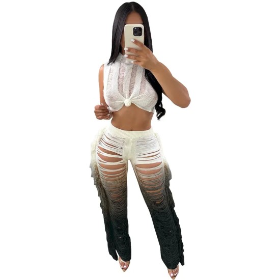 Women Fashion Sexy Contrast Color Hollow-Out Crop Top Tassel Pants Two-Piece Set