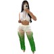 Women Fashion Sexy Contrast Color Hollow-Out Crop Top Tassel Pants Two-Piece Set