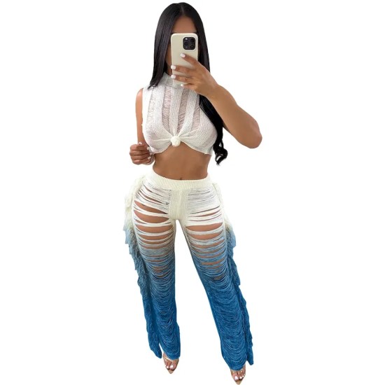 Women Fashion Sexy Contrast Color Hollow-Out Crop Top Tassel Pants Two-Piece Set