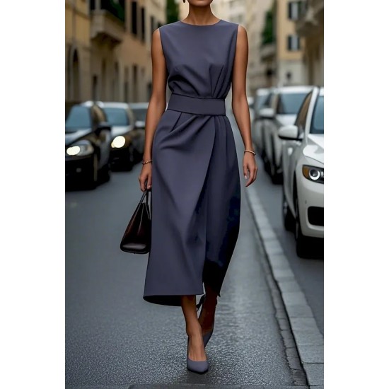 Women Fashion Casual Solid Color Round Neck Sleeveless Dress