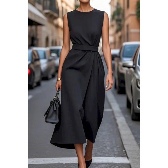 Women Fashion Casual Solid Color Round Neck Sleeveless Dress