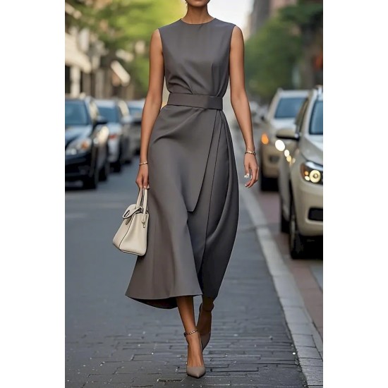 Women Fashion Casual Solid Color Round Neck Sleeveless Dress